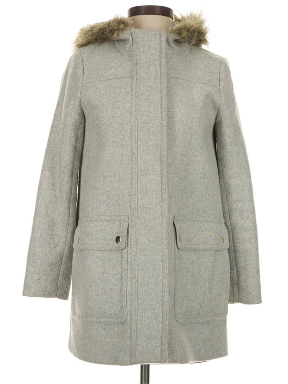 J. Crew Light Gray Wool-Blend Hooded Coat with Faux Fur Trim